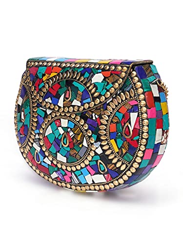 Image of Shakuntala Vintage Clutch - Metal Mosaic Stone & Shell Design Purse - Handmade Women's Handbag