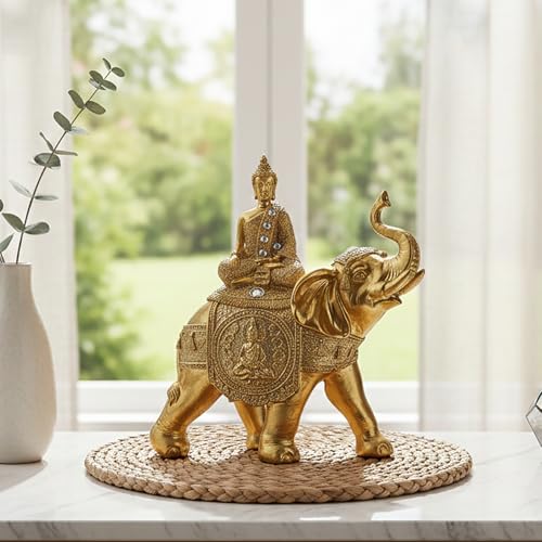 Estatua de Buda Dorado sobre Elefante 7.48x7.09x3.15 in miniatura 3