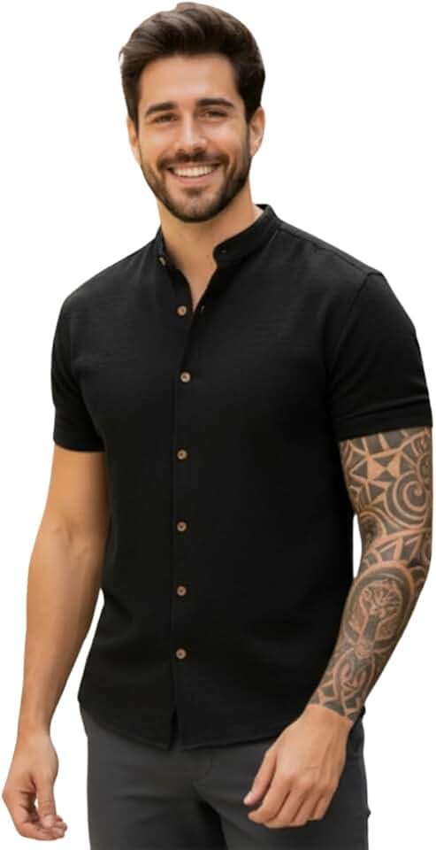 Camisa Social Masculina Manga Curta Gola Padre Elegante e Versatil Tendencia Verão e Final de Ano