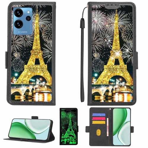 Aroepurt Case Compatible for Oukitel C32 Pro Phone Case Flip Cover [with Tempered Glass Screen Protector][RFID Blocking][Gold Glitter+Luminous] LPT-TT