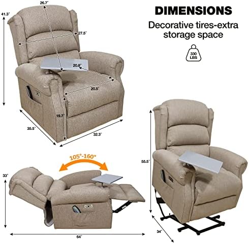 ONPNO Dual Motor Riser Recliner Lift Chair, Lift & Tilt Massage Chair in Soft Brown With Reading Table and Lumbar Support + USB Charging