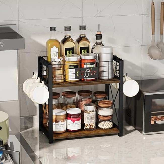 2 Tier Coffee Bar Organizer for Countertop, Coffee Mug Holder Organizer, Coffee Station Countertop Shelf for Home Office, Coffee Accessories Storage Rack with 6 Hooks