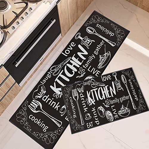 Artsocket Kitchen Rugs And Mats Non Skid Washable Set Of 2, Black Cooking Modern Kitchen Runner Rug, Knife And Fork Kitchen Floor Mat Under Sink Mat Throw Rug For Kitchen Doormat #TOP6
