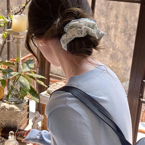 Jseng 3PCS Large Floral Scrunchies for Hair, Cute Hair Ties, Pink, Blue and Green — view 3