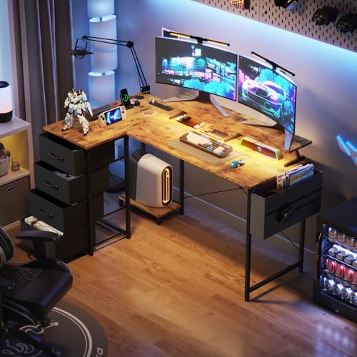 Ufurniture 140cm L-Shaped Gaming Desk with RGB LED Lights & Power Outlets, Reversible Corner Desk with Storage Drawers Writing Workstation with Monitor Stand for Home Office, Walnut