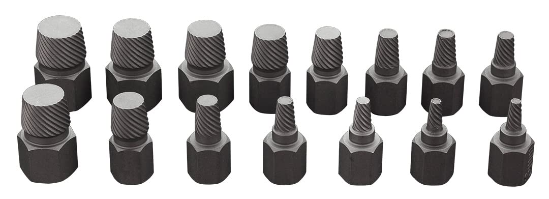 NEO TOOLS Wykrętaki do zerwanych śrub, zestaw 15 szt.; pudełko transportowe; stal CrV; 3, 4, 5, 5.5, 6, 8, 10, 1/8”, 3/16”, 1/4”, 3/8” mm z główką 12 mm oraz 11, 12, 14, 1/2” mm z główką 16 mm