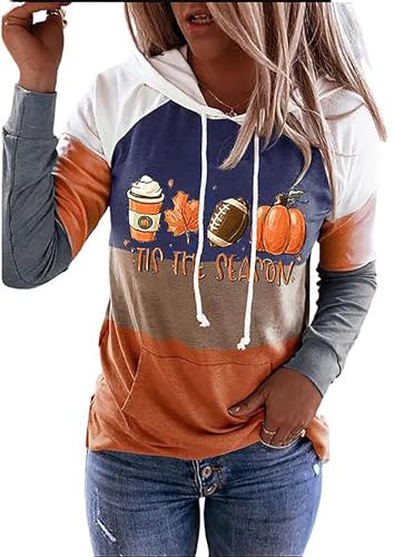 Susongeth Tis The Season - Sudadera con capucha con bolsillo canguro para mujer, diseño de calabaza de Acción de Gracias, día del juego, fútbol, Varios colores, XL