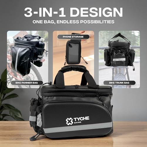 TYCHE Bike Trunk Bag 35L with Panniers and Phone Holder | Hard Shell Waterproof Carbon Leather 3-in-1 Bag | Expandable Cargo Storage & Cooler Interior | Fits Rear Rack for Ebike, Adult Bicycle