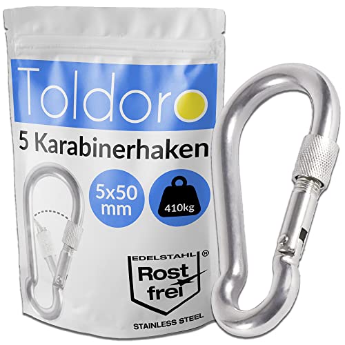 Toldoro® 5X Edelstahl Karabiner mit Schraubverschluss 50mm Rostfrei - NIRO AISI 316 V4A / Karabinerhaken Klein für Schaukel, Hängematte oder Sonnensegel/Schraubkarabiner, Bruchlast 410kg
