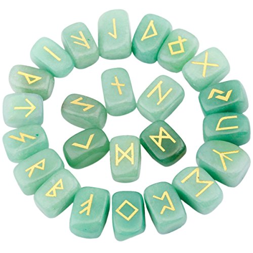 rockcloud Green Aventurine Rune Stones Tumbled Engraved Lettering Crystal Set for Wicca Crystals Healing Chakra Reiki