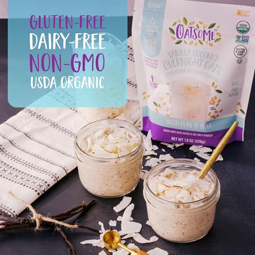 Image of Oatsome Vanilla Coconut Overnight Oats with Flax and Chia, Gluten-Free Organic Oatmeal with 7g of Protein, 7.8oz Bag (Pack of 2)