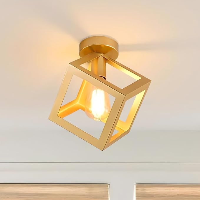 iDEGU iDEGU Plafondlamp, moderne kroonluchter, kooivorm, plafonlamp, vintage, lampenkap in geometrische stijl, van metaal, E27, verlichting voor slaapkamer, woonkamer, restaurant, kubusvorm, 16 cm, goud