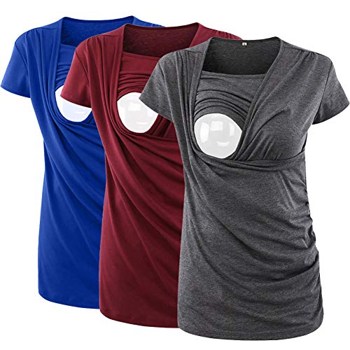 Ecavus 3PCS Women's Maternity Nursing Tops Short & Long Sleeve Side Ruched Breastfeeding Shirt