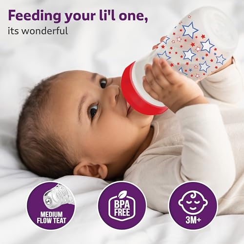 Image of LuvLap Anti-Colic Wide Neck Natura Flo Baby Plastic Feeding Bottle, 250Ml (Pack of 6), New Born /Infants /Toddler Upto 3 Years, Stars, BPA Free