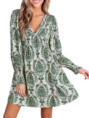 CUPSHE Women's Mini Dress Smocked V Neck Long Sleeve Empire Waist Casual A-Line Tunic Dress Green Paisley M