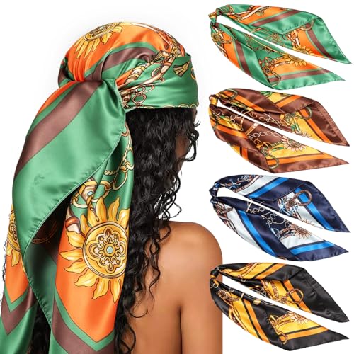 Image of DRESHOW 35 inch Large Square Satin Head Scarf - 4Pcs Silk Accessories Classic Patterned Squares Beach Bandanas for Women