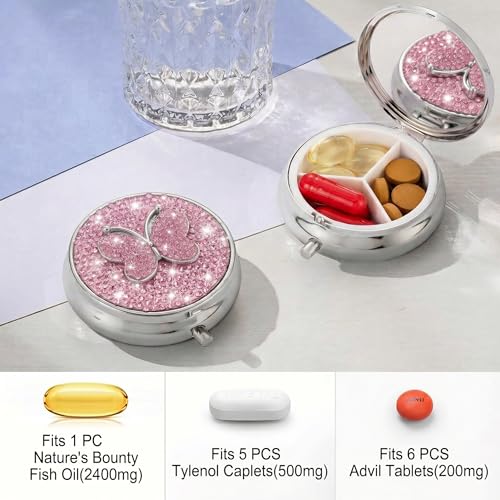 Image of Medicine Organizer Box Butterfly Pocket Pharmacy Bling Travel Pill Case Box for Purse Mini Pill Holder Organizer Small Pills Container for Vitamin(Pink)