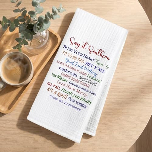 Image of Funny Quotes Kitchen Towels, Southern Tea Towels for Kitchen Home Bathroom Farmhouse Decor, Say It Southern Waffle Weave Dish Drying Towel, Housewarming Gifts for Women Friend, 24x14 Inch