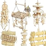 6PCs Natural Bird Chewing Shredding Foraging Toys, Bird Swing Toy with Bird Perch for Cockatiels, Parrotlets, Cockatiels, Conures, Parakeets, Budgies, Love Birds and More