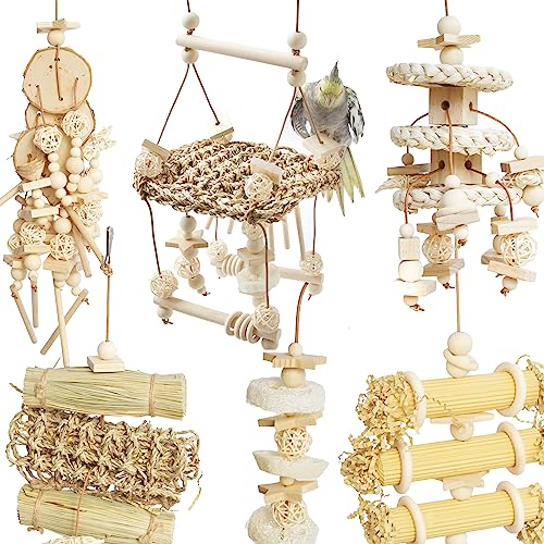 6PCs Natural Bird Chewing Shredding Foraging Toys, Bird Swing Toy with Bird Perch for Cockatiels, Parrotlets, Cockatiels, Conures, Parakeets, Budgies, Love Birds and More