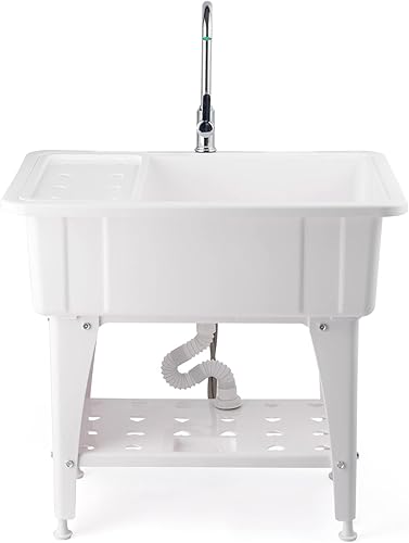 VINGLI Amplio fregadero blanco para lavandería, estación de lavado de garaje, fregadero inclinado, fregadero independiente con grifo de acero