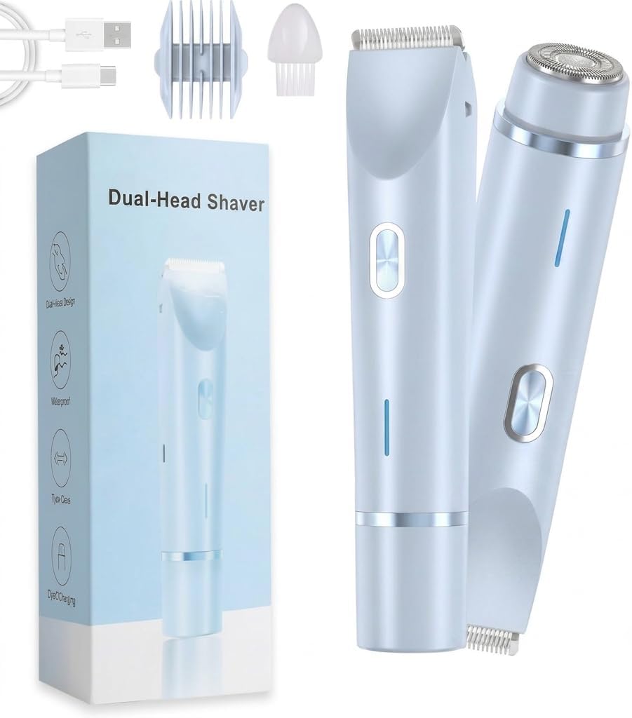 2-in-1 Electric Shaver for Women, Dual-Head Bikini Trimmer and Facial Razor, Rechargeable, Pain-Free Hair Removal, Pink, Purple & Blue (Blue)