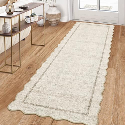 GarveeHome Scalloped Washable Runner Rug 2x6 Non Slip Kitchen Rugs Modern Beige Indoor Entryway Rug Farmhouse Soft Bath Mat Stain Resistant Carpet for