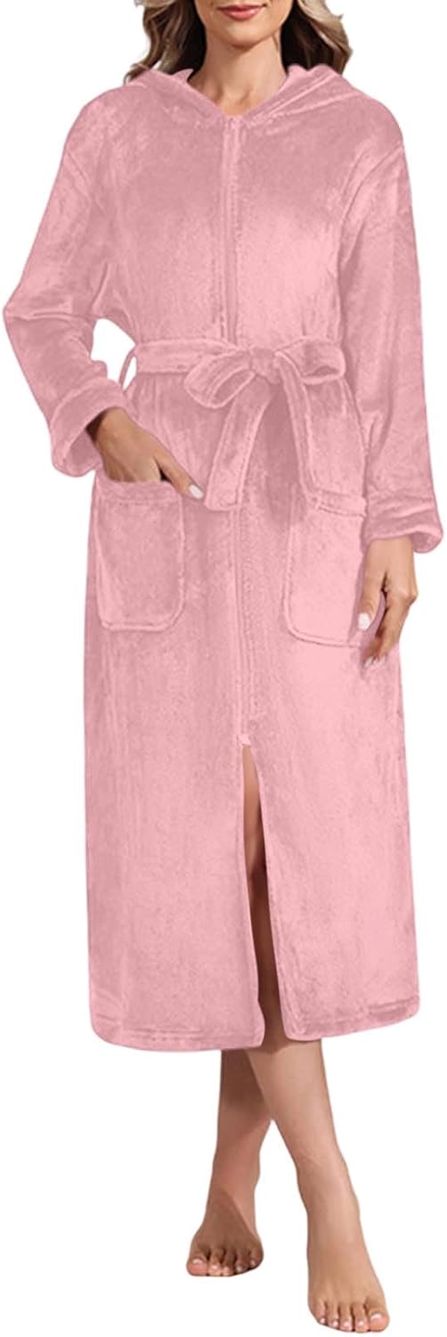 Women's Hooded Robe Zip Front Long Sleeves Belted Fleece Bathrobe