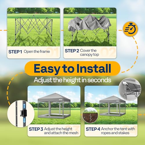VIVOHOME 10x10ft Easy Pop-Up Canopy, Outdoor Screen Tent with Mosquito Netting, 2 Zipper Doors, and Roller Bag for Yard Camping Picnic Party Events, Grey image 8
