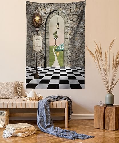Ambesonne Alice in Wonderland Tapestry, Welcome Wonderland Black and White Floor Landscape Mushroom Lantern, Wall Hanging for Bedroom Living Room Dorm, 60