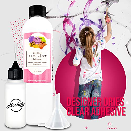 Art Glitter Glue - Designer Dries Clear Adhesive - 8Oz Refill Bundled With Moshify 20Ml Applicator Bottle And Funnel #TOP6