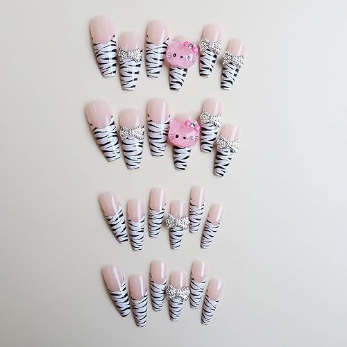 Miniatura 3 de Uñas postizas a presión con estampado de leopardo, lindas uñas postizas con dijes, uñas largas de ataúd, uñas postizas de cobertura completa para