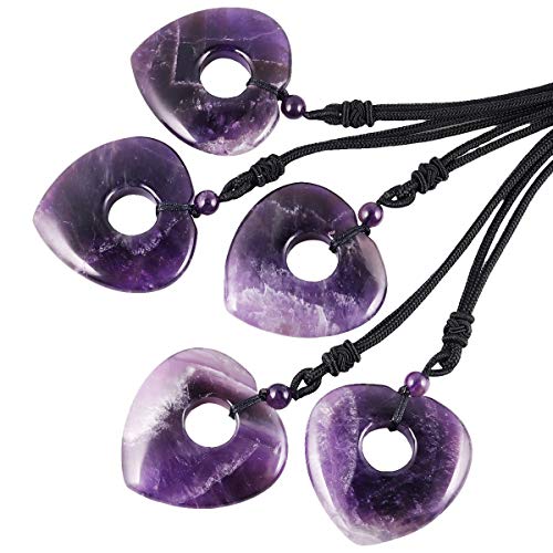 Sunyik Natural Amethyst Love Heart Crystal Lucky Coin Pendenat Necklace For Women Men, Healing Crystal Amulet Jewelry For Unisex, Heart Shaped, Adjustable 18''-28'' Strand #TOP2