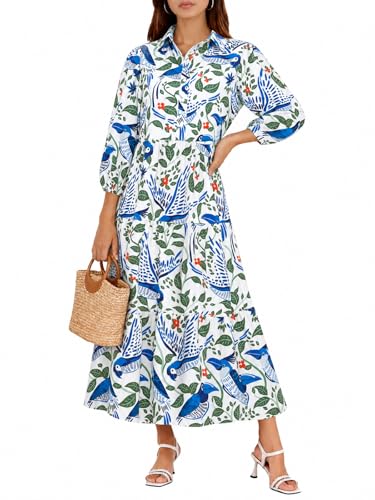 Image of Wenrine Womens Casual 3 /4 Sleeve Shirt Dress Button Down V Neck Tiered Collared Flowy Maxi Dress