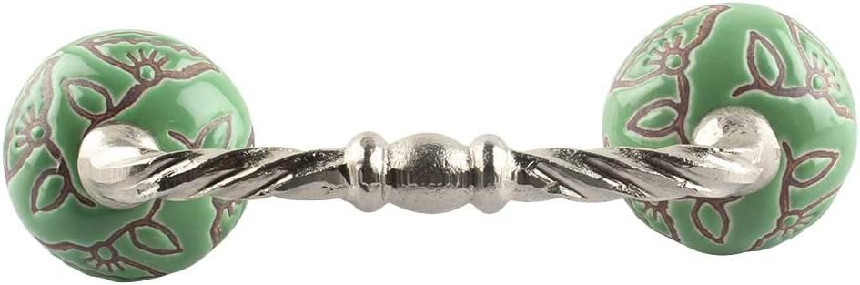IndianShelf 1 Pack Ceramic Green Drawer Pulls T Bar Vintage Kitchen Cabinet Handles Silver Hardware 4" Hole to Hole Dresser Door Handle -BH-672-CK-1446