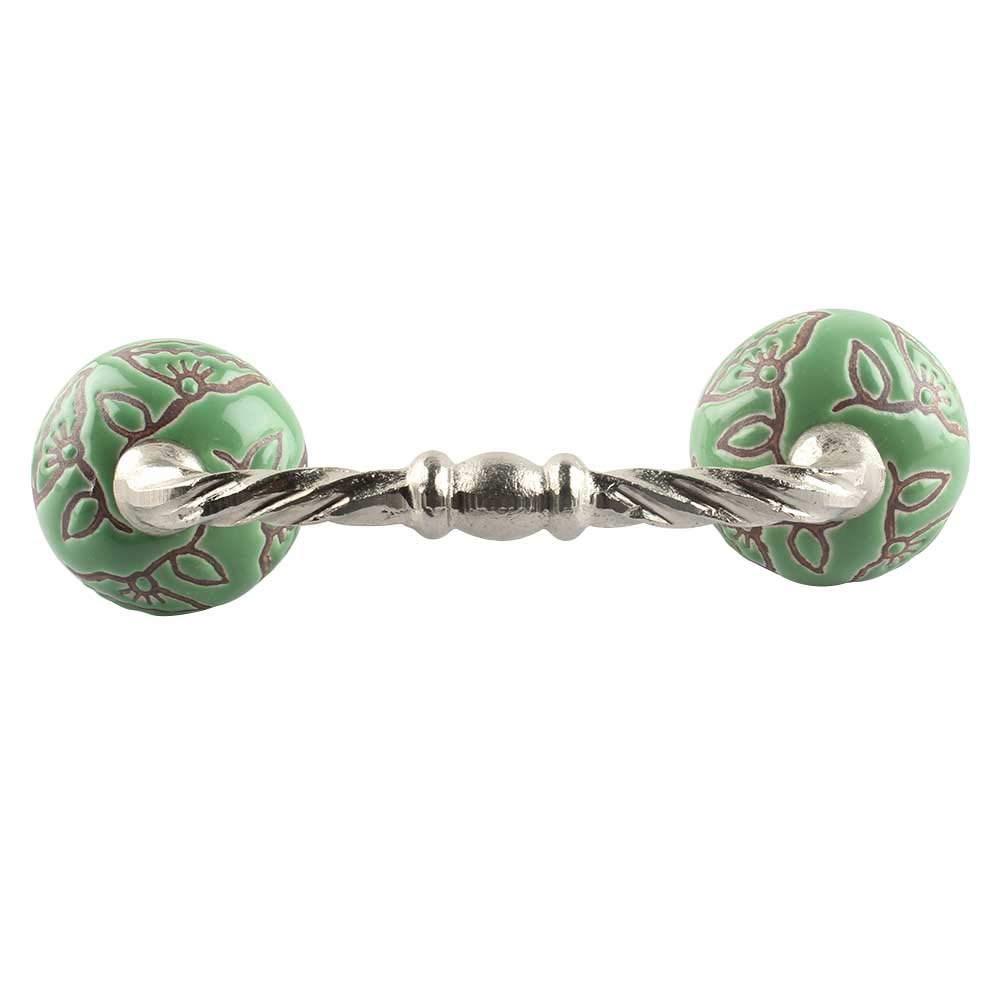 IndianShelf 1 Pack Ceramic Green Drawer Pulls T Bar Vintage Kitchen Cabinet Handles Silver Hardware 4" Hole to Hole Dresser Door Handle -BH-672-CK-1446