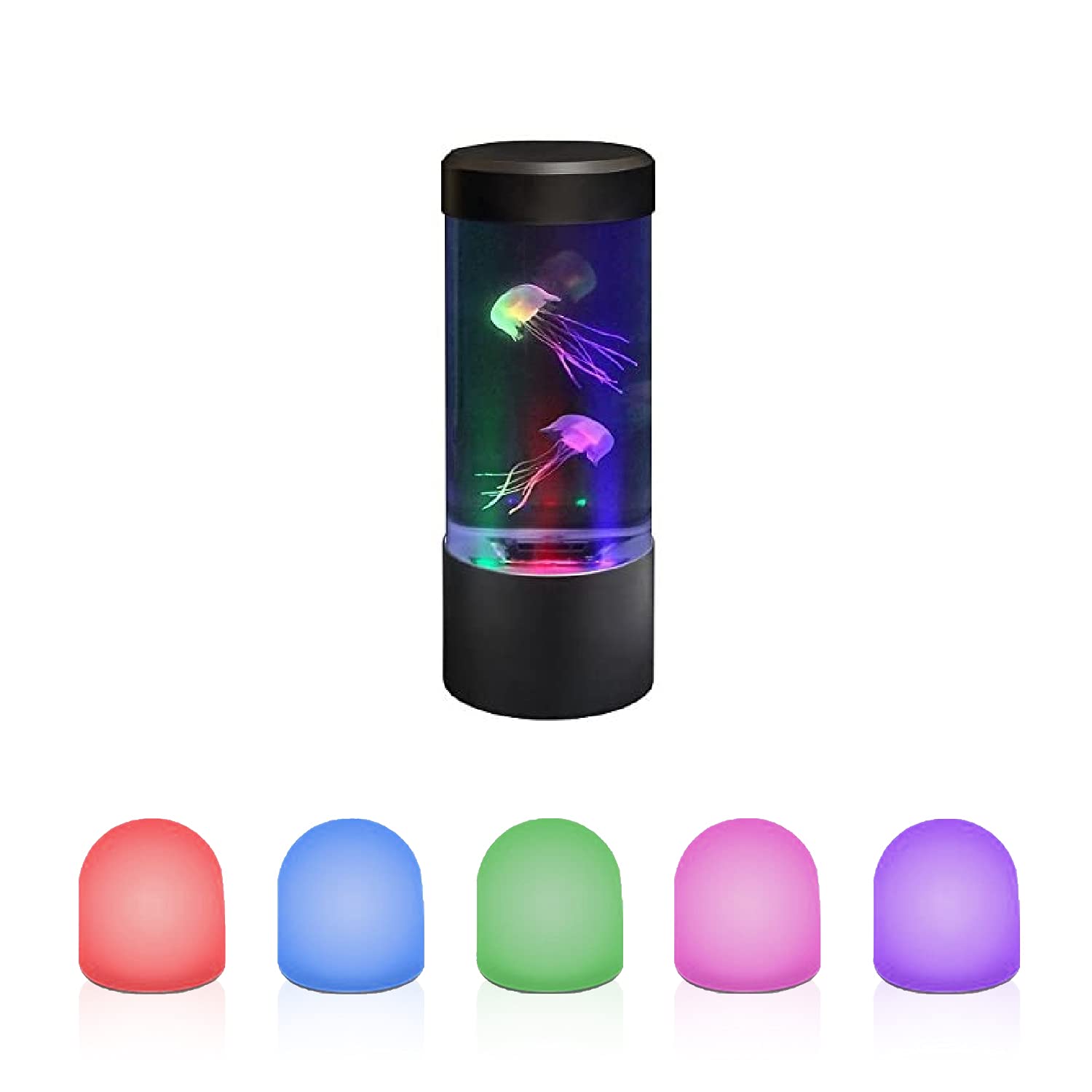 Playlearn Sensory Light Up Toy Set 1 x Mini Fake Jellyfish Aquarium Mood Lamp Tank & Sensory Mini Light up Domes (Pack 6)