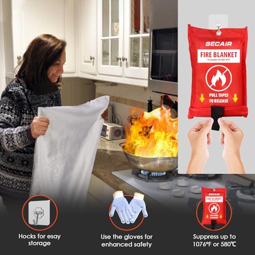 Image of Fire Blanket for Car Home and Kitchen 4 Pack with Hooks and Gloves 40 inch x 40 inch High Heat Resistant and Flame Protection for Office Camping Warehouse Safety