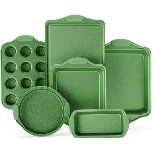 BAKKEN Kitchen Baking Pan Set - Nonstick Green Marble Coating, Carbon Steel Bakeware Sets with Green Silicone Handles, Kitchen Essentials, PFOA, PFOS, PTFE Free, Oven Safe (Up To 450° F), Set of 6