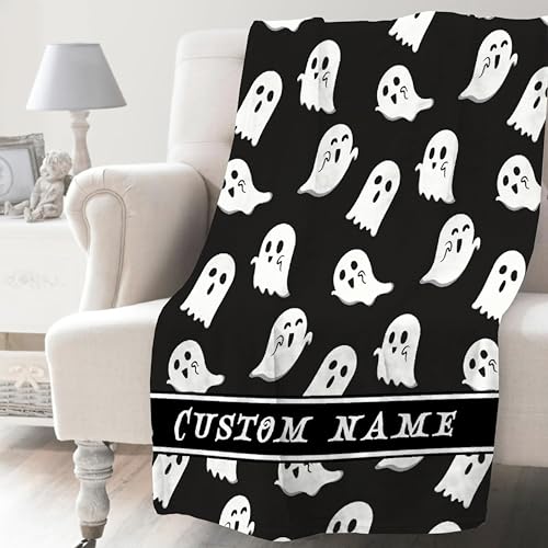 Khumbhira Cute Little Funny Ghost Custom Baby Blanket Black Night Sky Spooky Personalized Nursery Swaddling Blankets Baby Throw Blanket Customized Nursery Receiving Blankets Name for Swaddle