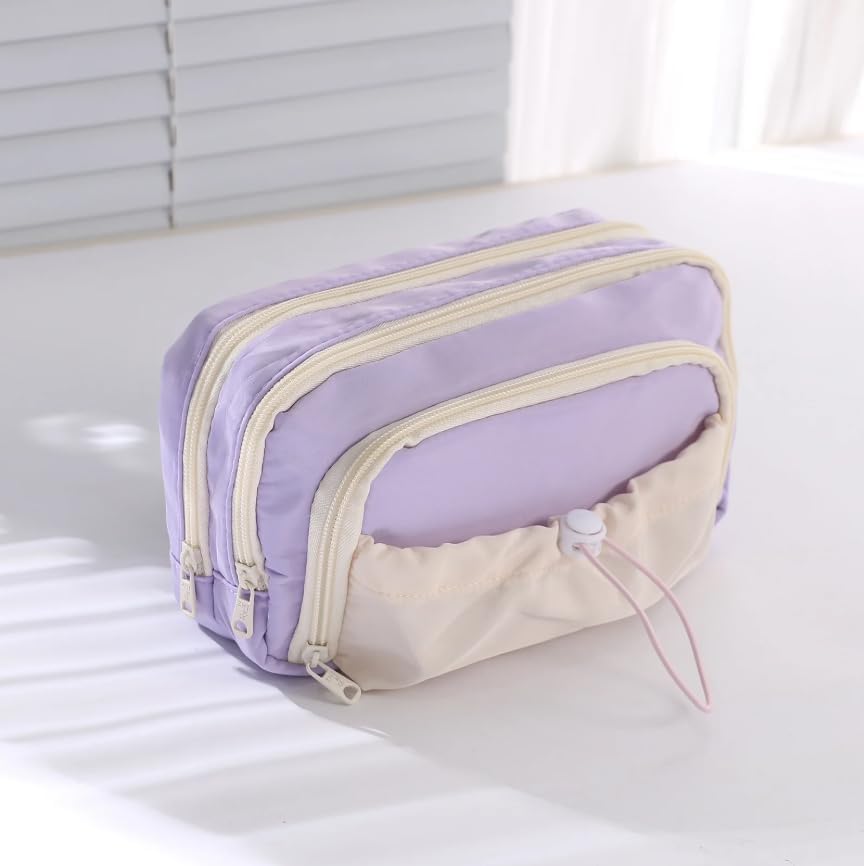 Image of Kawaii Cute Aesthetic Pencil Case for Girls & Boys | 3 Layer 6 Compartment Large Capacity Pencil Pouch with Zipper | Cartoon Stationery Organizer Bag for Students & Kids (Dori - Purple)