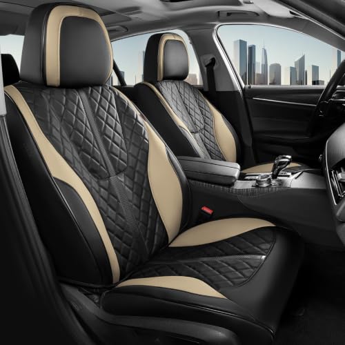 Image of Coverado Seat Covers Front Seat, 2-Pack Luxury Diamond Leather Car Seat Cover & Carbon Fiber, Waterproof Car Seat Protectors, Black and Beige Seat Cover, Driver Seat Cover Universal Fit for Most Cars