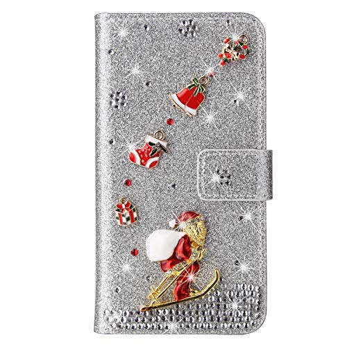HONHULEE Christmas Wallet Case Compatible with Samsung Galaxy A5 2017,Glitter PU Leather Flip Case TPU Bumper Stand Cover Kickstand Full Protective Phone Case for Galaxy A5 2017 - Silver
