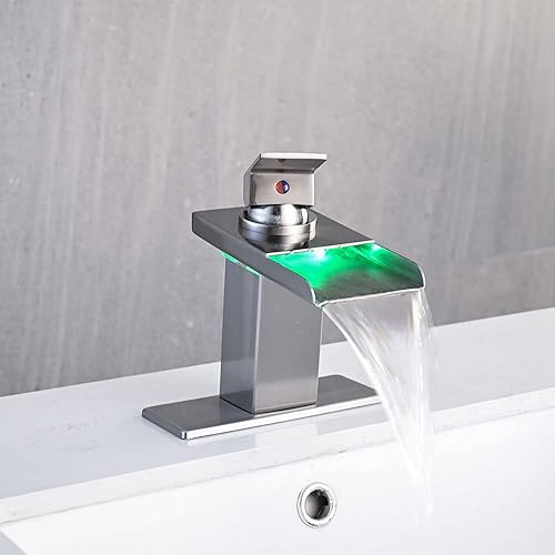 Miniatura 3 de Grifo LED para fregadero de baño, grifo de lavabo de cascada de níquel cepillado de un solo agujero con drenaje desplegable de metal y 2 líneas de