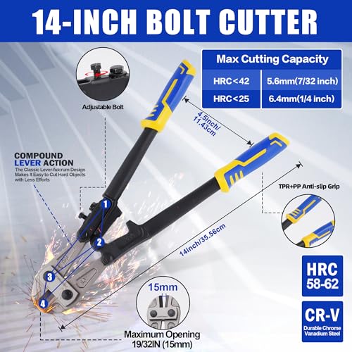 Evertools 4pc Bolt Cutter Pliers Sets, Heavy Duty Bolt Cutters, 14" Bolt Cutter and 8" Wire Cable Cutter, Mini 8" Bolt Cutter, 8" Cable Cutter for Cutting Locks, Steel Wire, Barbed Wire, Chains - Thumbnail 2