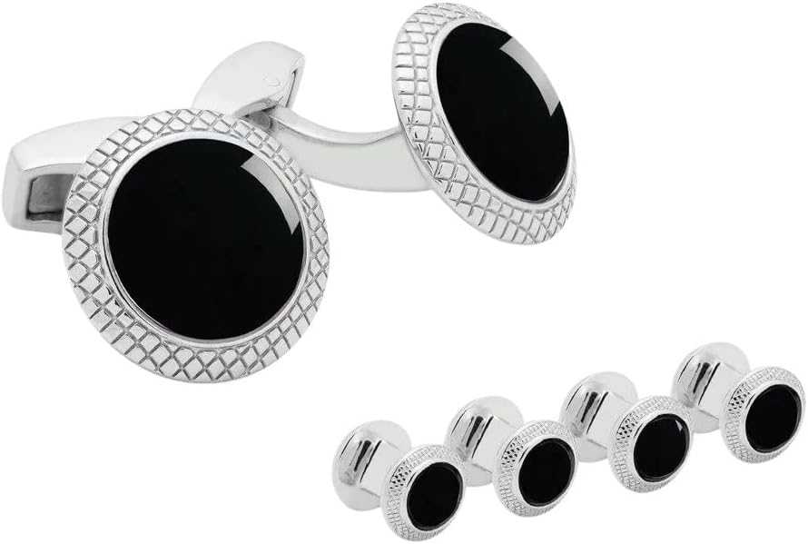 Tateossian Gemelos y tachuelas de diana bañados en rodio con ónix, Rodio, ónix