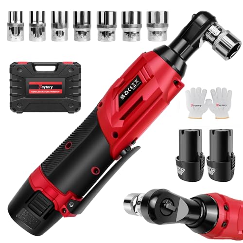 YouseaHome 3/8 Electric Cordless Ratchet Wrench Set w/2pcs Rechargeable Batteries and Charger 40Nm Cordless Ratchet Wrench 90 Angle Wrench with LED Work Light 7 Sockets Set Red