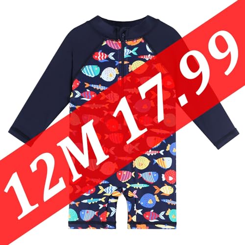 Image of HUAANIUE Toddler Boy Swimsuit Rashguard One-Piece Swimwear 0-6 Years | UPF 50+ sun protection, front zipper with chin guard, 4-way stretch quick-dry fabric, flatlock seams anti-chafing