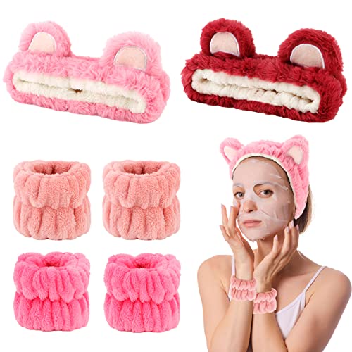 Amcami 6 Pcs Spa Headband Face Wash Headband And Wristband Set, Girls' Cute Bear Ears Headband Plush Animal Makeup Skincare Headbands With Face Washing Wristband For Women #TOP6
