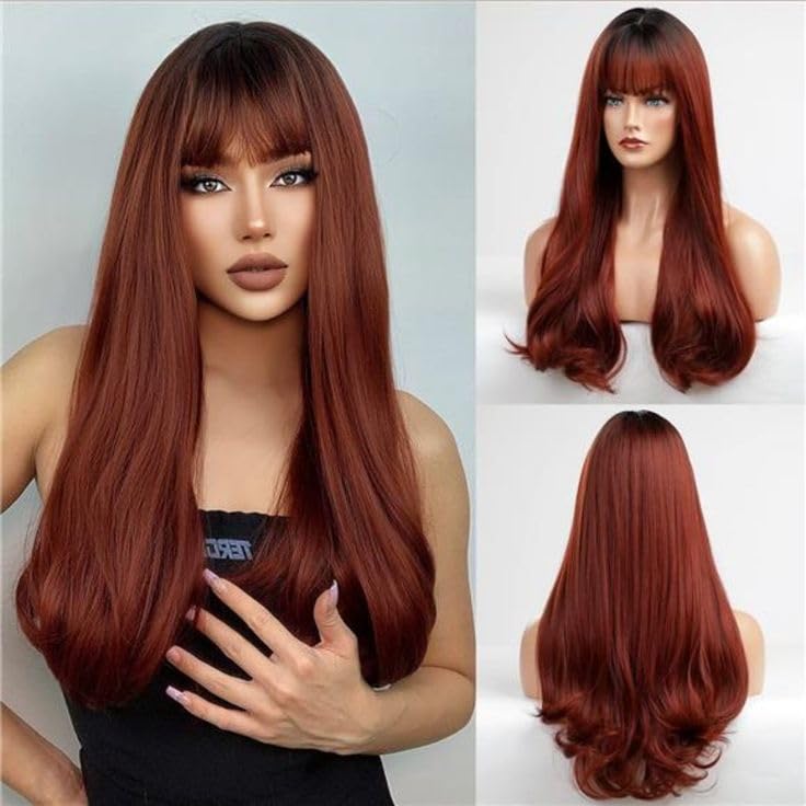 Civrie Reddish Brown 28 inch Long Straight Cosplay Wig with Bangs Natural Hair Fiber Synthetic Wig for Women and Girls, Perfect for Halloween,
